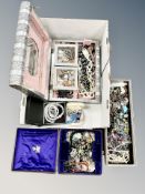 A box of mixed costume jewellery, necklaces,