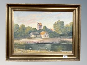 Danish School : View across a river towards buildings, oil on canvas,