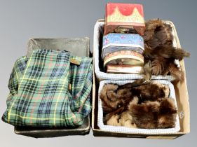 A group of fur stoles, Scottish kilt, vintage tins,