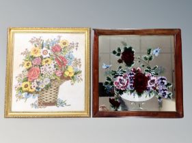 A hand painted mirror together with a needlework panel in gilt frame