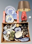 Two boxes of Poole table lamp, blue and white ceramics,