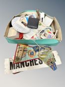 A shoe box containing vintage football collector's cards, two pennants 'Andermatt' and 'Cannes',