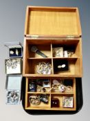 A pine jewellery box and contents, costume jewellery,