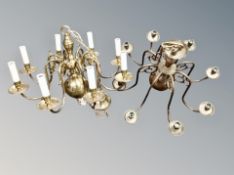 A Continental eight branch brass chandelier,