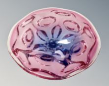 A hand made 12 inch diameter glass centre piece in the style of Sommerso