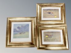 Two watercolours and a print after David Croft all depicting fox hunting scenes