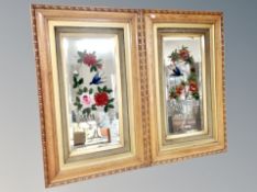 A pair of painted mirrors in carved frames together with a print after Margaret Tarrant