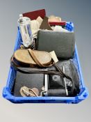 A crate of interesting items to including engineering gauge, old cameras, brass ornaments, ephemera,