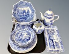 A collection of Spode Italian blue and white porcelain, plates, tea pot,