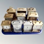 A tray of ten battery operated carriage clocks