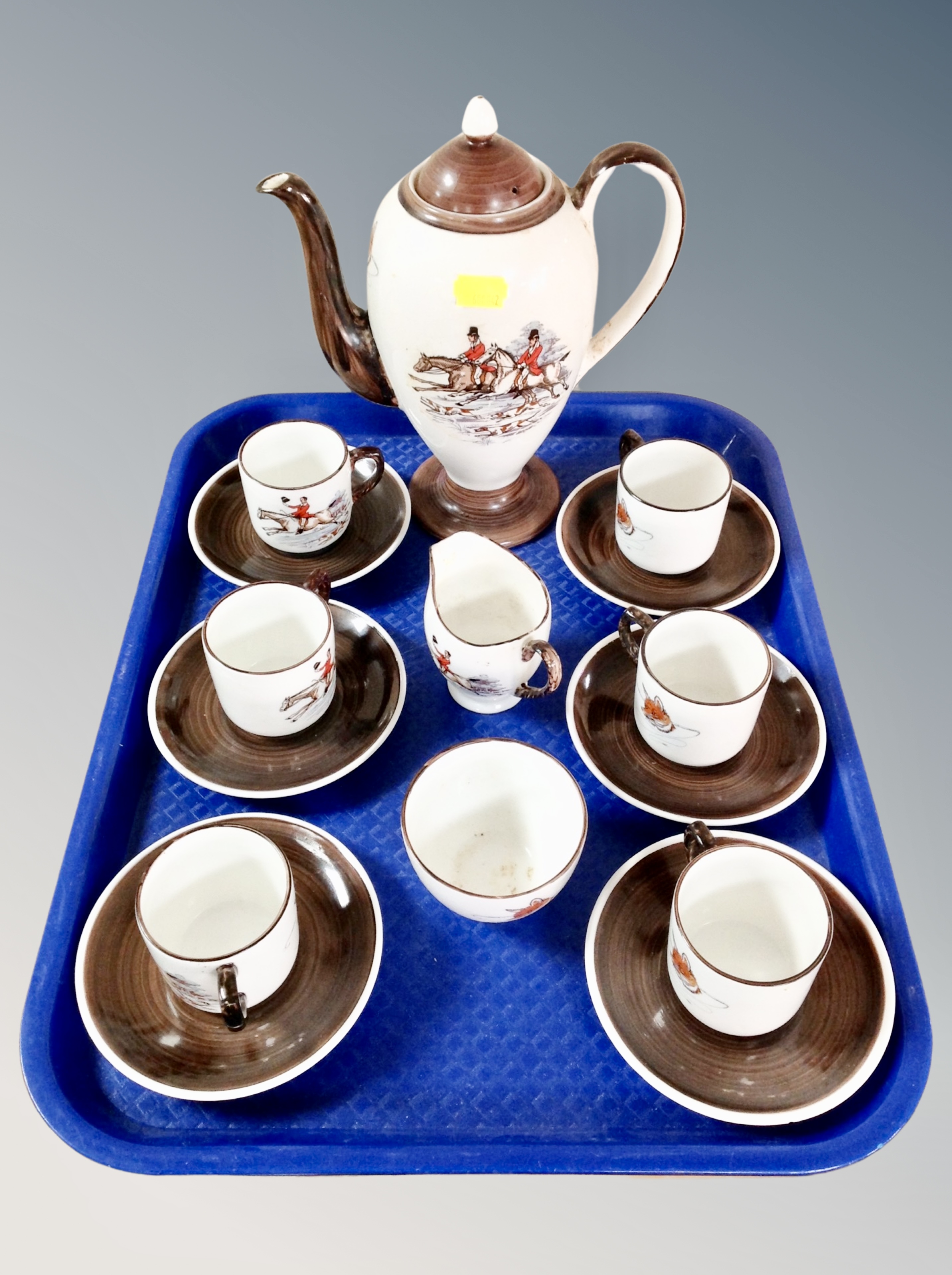 A fifteen piece Myott coffee service decorated with hunting scenes