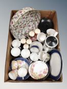 A box of Salisbury blue and white china, Old Foley coffee set, Myott tea set,