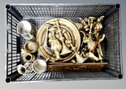 A crate of mainly brass ware, candlestick, charger,