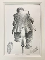 Alexander Millar : Gadgie on a Bicycle with Two Dogs, pencil, signed, 29 cm x 20 cm, framed.