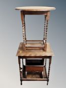 Two Edwardian oak tables and magazine stand