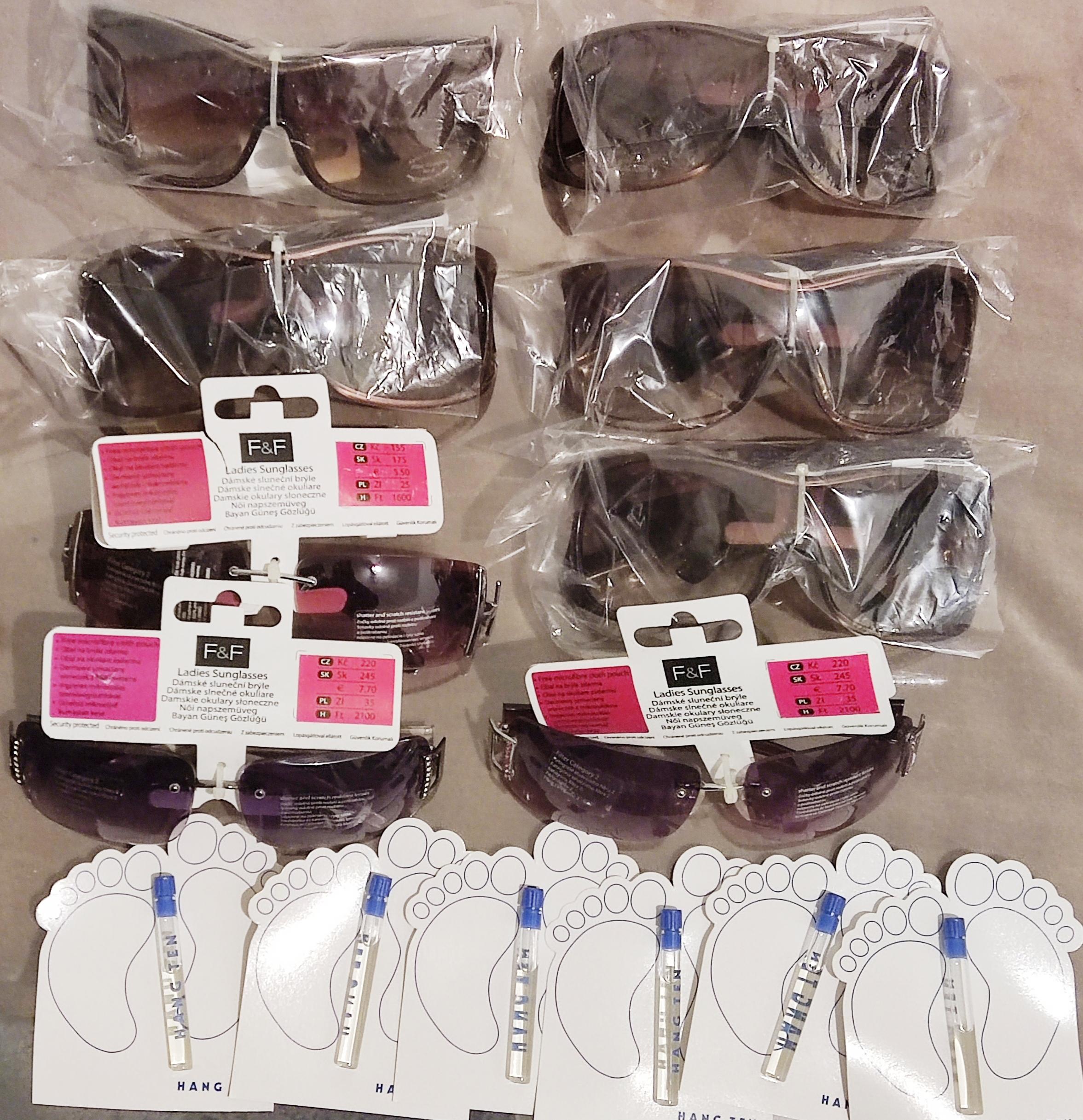 Brand new blue gem and F&F sunglasses with tags, along with Hang Ten aftershave samples.