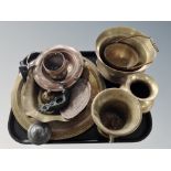 A group of Oriental brass and copper wares, mortar, engraved brass charger,