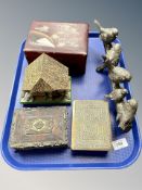 A tray of enamelled brass trinket box, Japanese lacquered jewellery box, resin bust of a child,