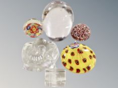 A group of glass paperweights, Bastianello, Milliefore designs, peacock,