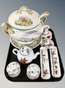 A group of Crown Staffordshire china decorated with hunting scenes, lidded tureen,