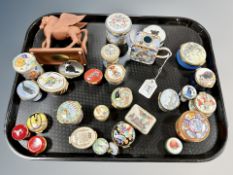 A collection of enamelled pots, Crummles, Staffordshire enamels, Halcyon Days,