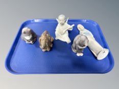 Five ceramic figures including - Lladro lady holding flowers, B & G cat, B & G kitten,