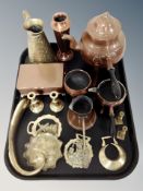 A hammered copper coffee pot together with further copper wares, trinket box, brass shoe horn,