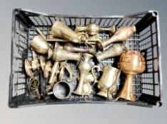 A crate containing Indian enamelled brass vases, pair of brass cannons,