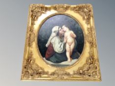 A classical style painting on oval canvas in ornate swept gilt frame,