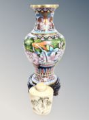 A Japanese cloisonné vase on hardwood stand, height 22 cm,