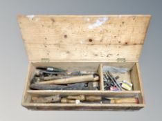 A pine tool box and contents including vintage hand tools