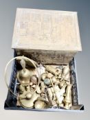An embossed brass coal bin, hand bell,