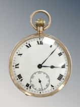 A 9ct gold open faced pocket watch, enamel dial with subsidiary seconds, gold-plated crown,