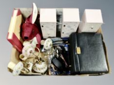 A box of contemporary leather jewellery box, two ceramic twin branch light fittings,