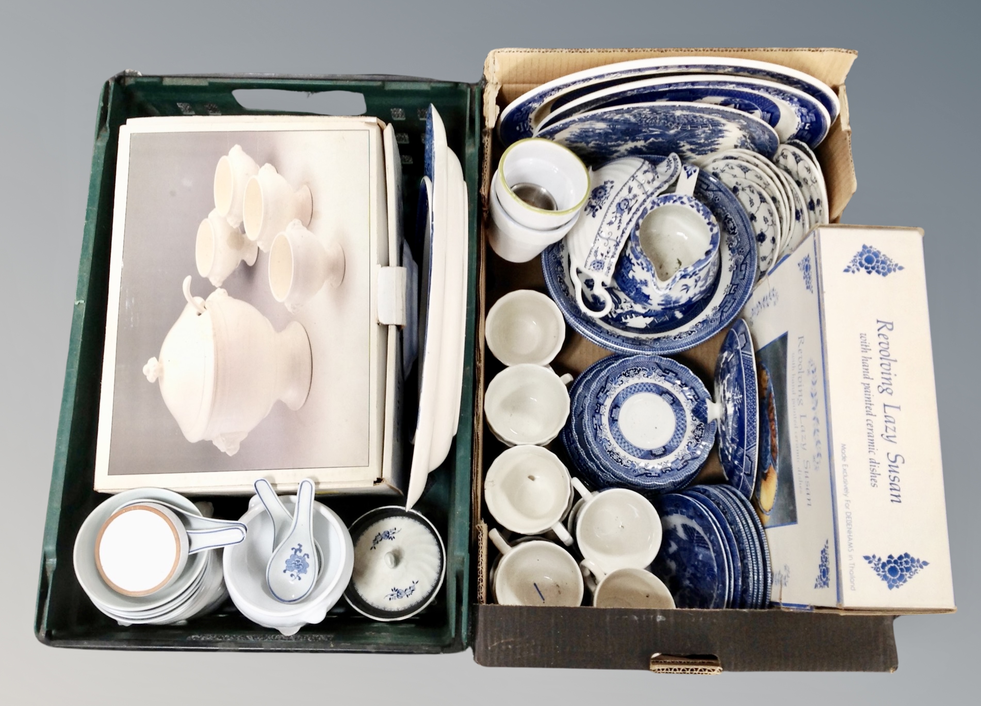 Two boxes of blue and white ceramics, lazy Susan, tureen,