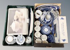 Two boxes of blue and white ceramics, lazy Susan, tureen,