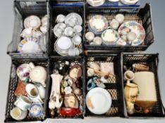 A pallet of seven crates of assorted ceramics, figures, tea china,