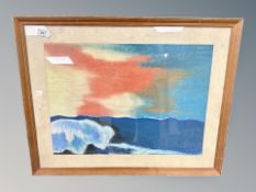 An abstract colour print, depicting a landscape,