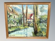 Danish school : buildings by a stream, oil on canvas,