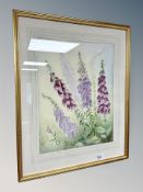 Margaret Adamson : Still life of purple flowers, watercolour,