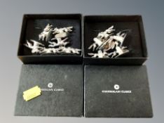 Two sets of six Chamberlain Clarke die cast metal business card stands in the form of foxes