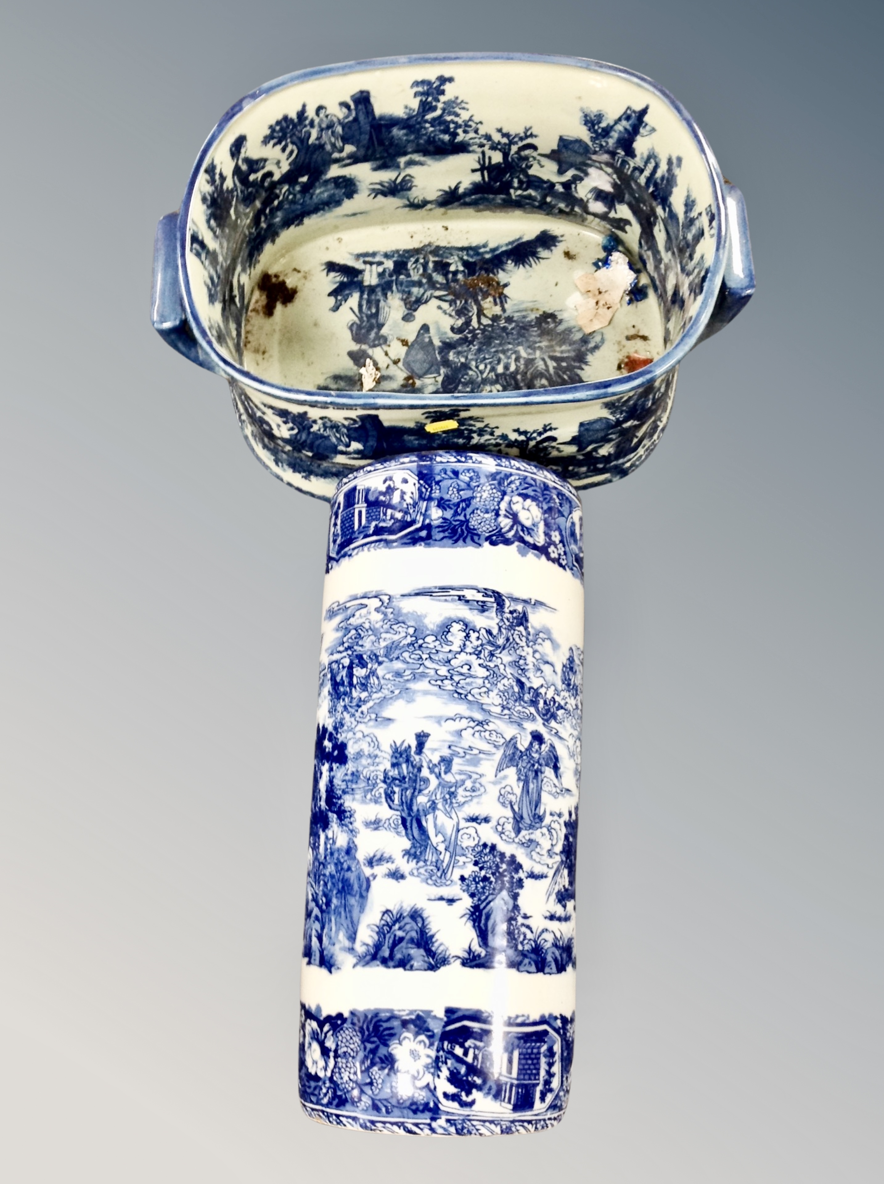 A 20th century Staffordshire blue and white foot bath together with a similar pot