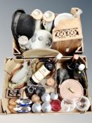 Two boxes of paraffin lamp, bowler hat, three bottles of alcohol, copper pan, ornaments,