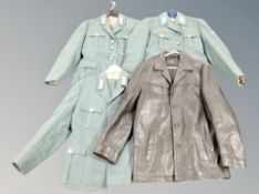 Three Eastern European 1950's military tunics with trousers together with a black leather jacket