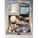 A box of Oriental wares, Japanese export vase, soapstone carving, miniature cloisonne vases ,