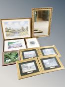 A group of gilt framed pictures and a mirror,