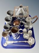 A metal lantern, hammered pewter teapot, pewter tankards, silver plated tankard, ladle,