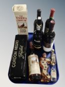 Nine various bottles of alcohol, Famous grouse Scotch, Porto Armilor ruby port,