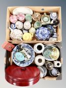 Two boxes of Oriental export wares, blue and white pumpkin vase, teapots,