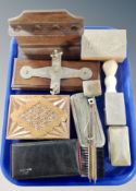 A group of table boxes, pipe rack, boxed razors,